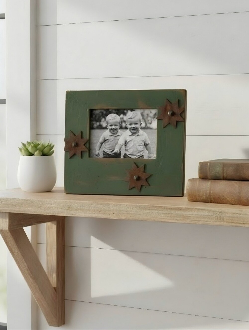 Distressed Vintage Green Wooden Frame with Rustic Metal Star Accent Landscape